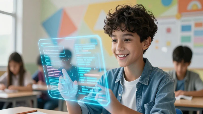 Joven estudiante interactúa con hologramas futuristas