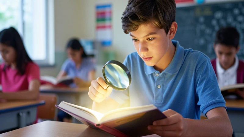 Estudiante lee libro iluminado en clase vibrante