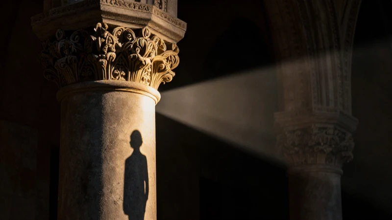 La iglesia católica y las élites: privilegios y alianzas 10 Silueta de élite bajo luz divina dramática