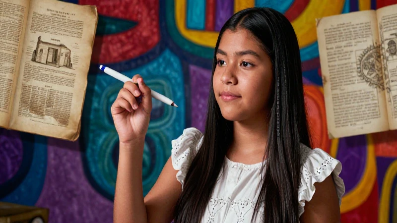 Estudiante mexicano moderno rodeado de arte histórico y contemporáneo