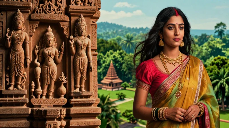 Mujer india moderna en paisaje antiguo detallado