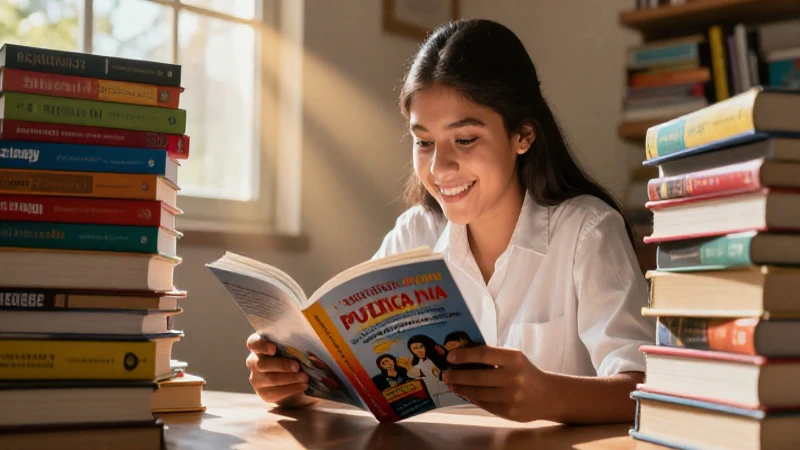 Estudiante mexicano lee feliz con libros coloridos