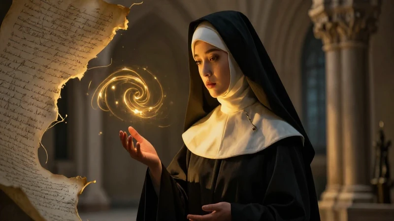 Monja misteriosa iluminada con drama y oro