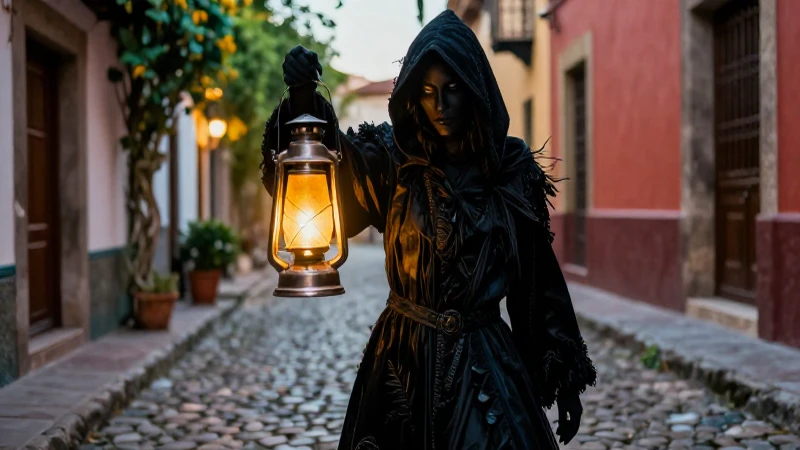 La Impactante Historia de La Pascualita: ¡Descúbrela Ahora! 3 Figura misteriosa en calle antigua bajo luz dramática