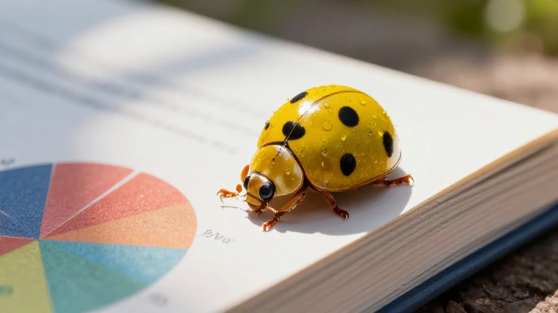 Mariquita amarilla sobre libro colorido, estilo blog profesional