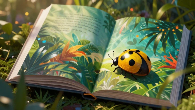 Mariquita lee libro en selva vibrante y detallada