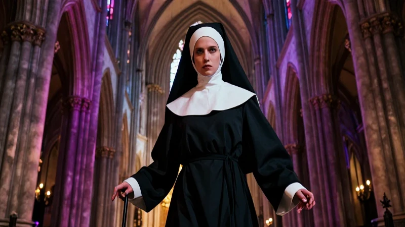 Conoce la aterradora leyenda corta de la monja de la catedral 4 Monja misteriosa en catedral gótica con iluminación dramática