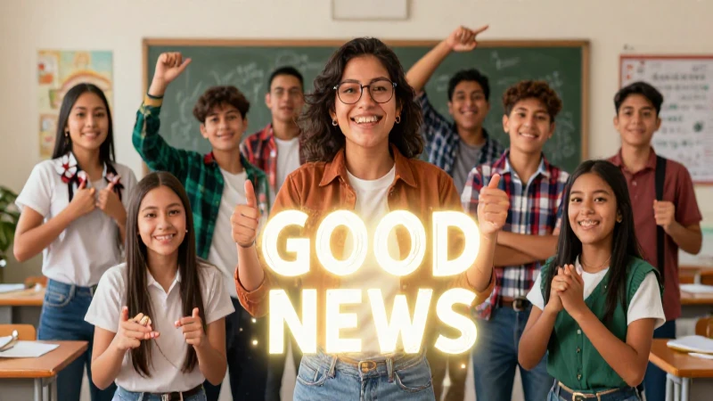 Ilustración vibrante de estudiantes mexicanos con buenas noticias