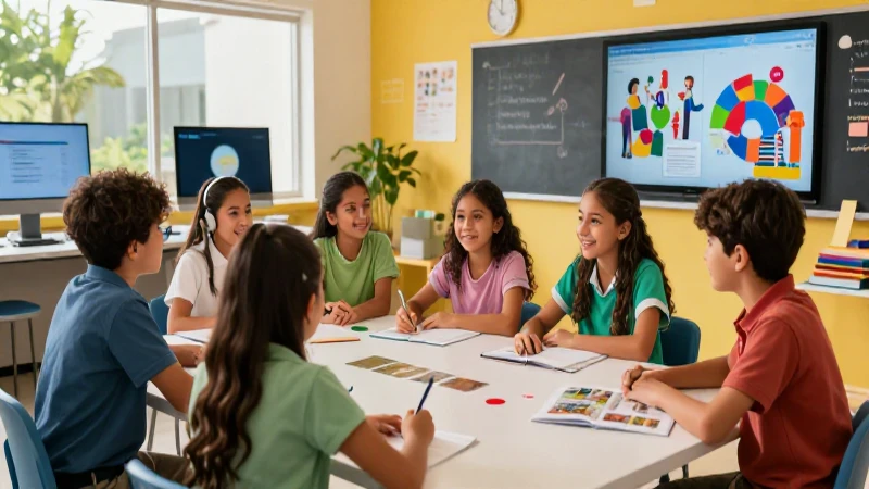 Estudiantes mexicanos aprenden colaborativamente en un aula moderna