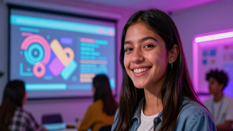 Estudiante mexicano sonriente en aula moderna de alta calidad