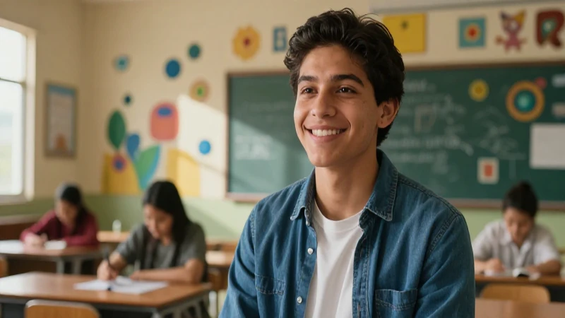 Estudiante mexicano sonríe en aula moderna