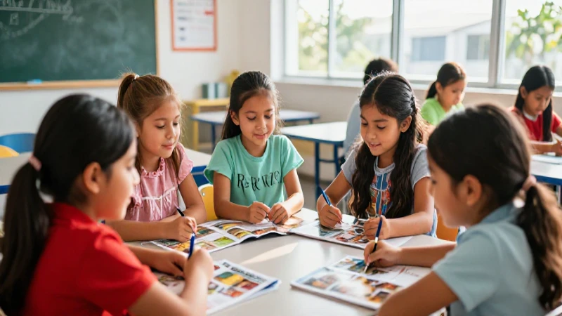 Felices niños mexicanos aprendiendo en aula brillante