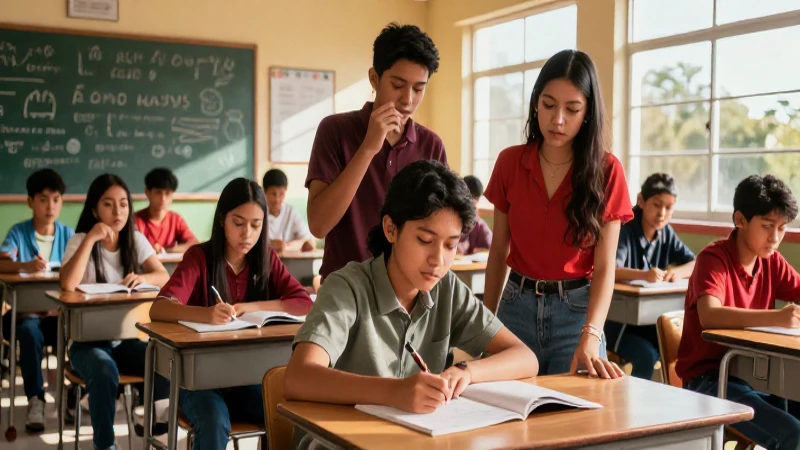 Estudiantes mexicanos colaborando en un aula vibrante y detallada