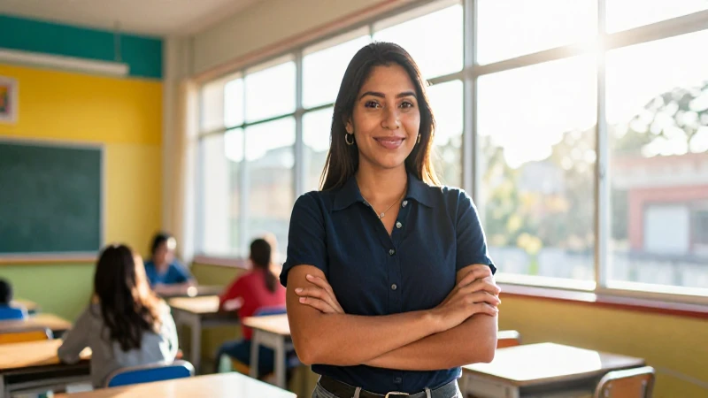 Maestra mexicana apasionada en un aula vibrante