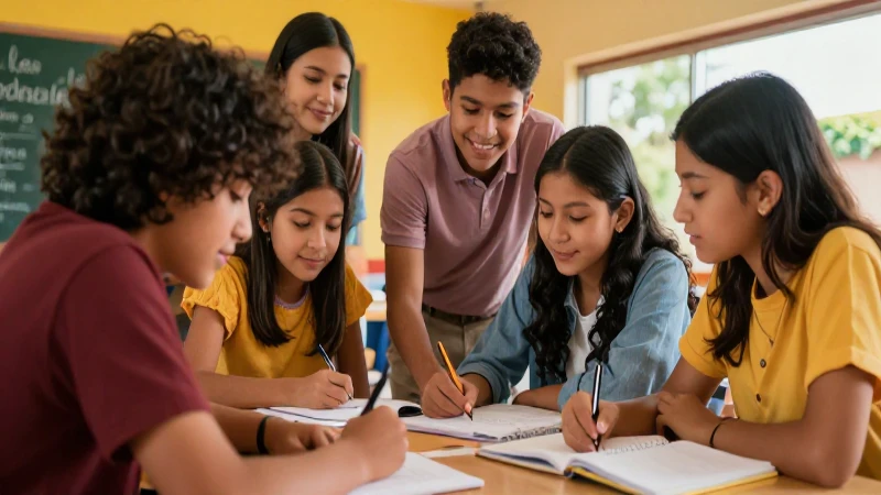 Estudiantes mexicanos colaboran alegremente en aprendizaje
