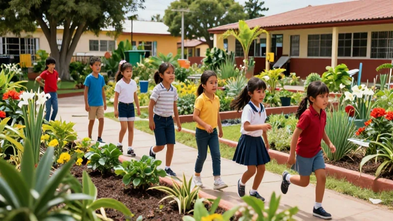 La nueva escuela mexicana: promoviendo un estilo de vida saludable 3 Niños mexicanos activos en jardín escolar vibrante