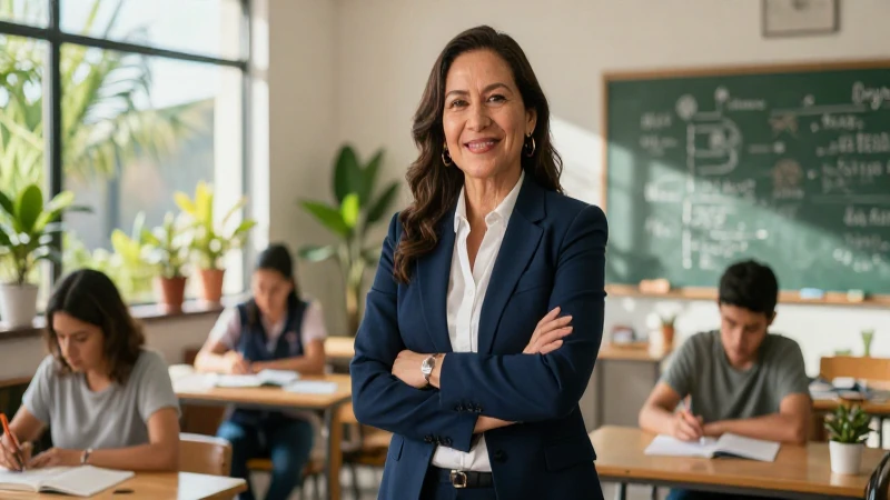 Educador mexicano carismático en aula moderna