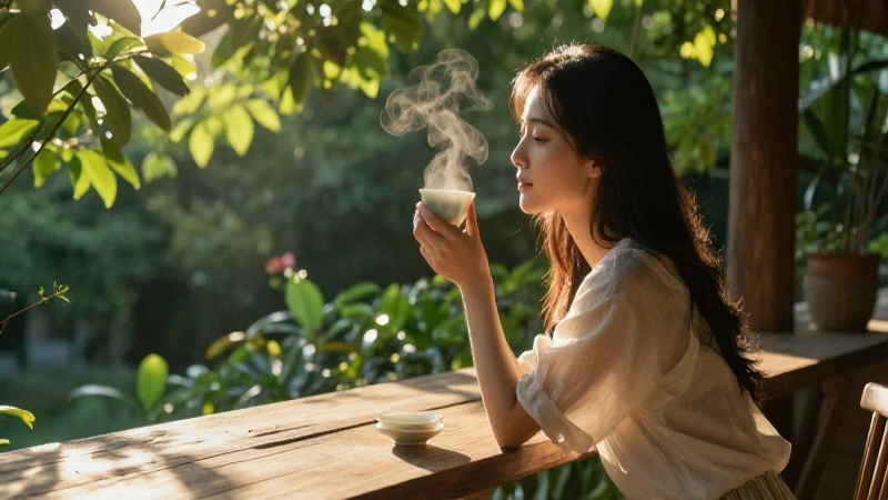 Mujer disfruta del amanecer en una terraza