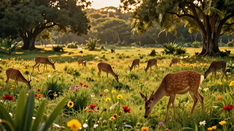 La Pradera: Concepto, Tipos, Clima, Flora y Fauna Detallados 7 Paisaje tropical con venados al atardecer