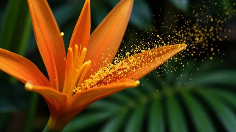 Flor tropical vibrante con polen dorado cayendo