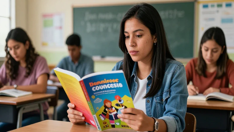 Educadora mexicana revisando libro colorido con estilo profesional