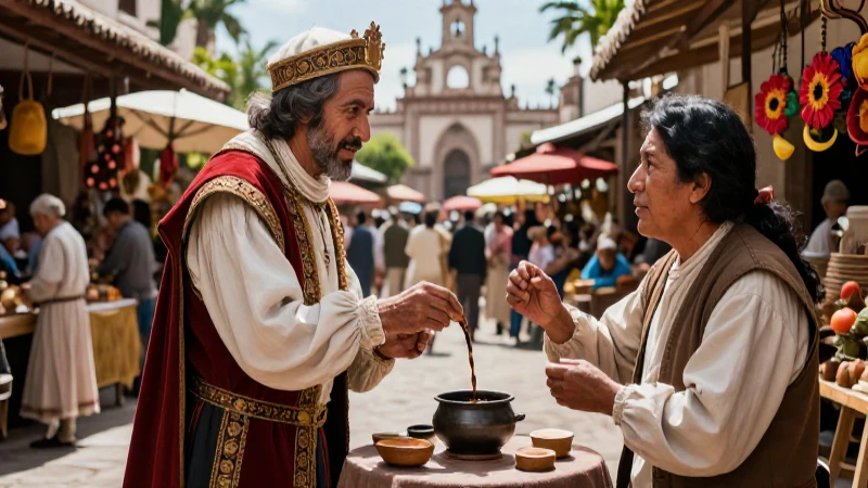 Noble e indígena en mercado colonial dramático