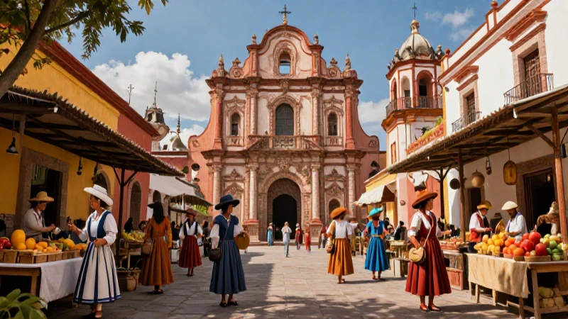 Mercado colonial vibrante en Nueva España