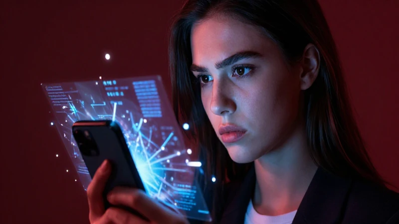 Joven escéptica observa datos abstractos holográficos con luz intensa