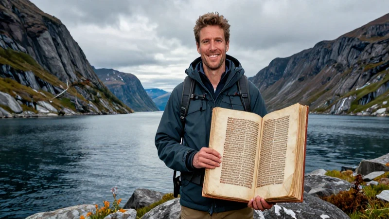 Explorador sostiene manuscrito en dramático fiordo