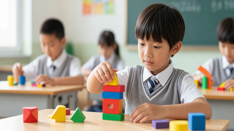 Alumno escolar enfocado con bloques de geometría coloridos