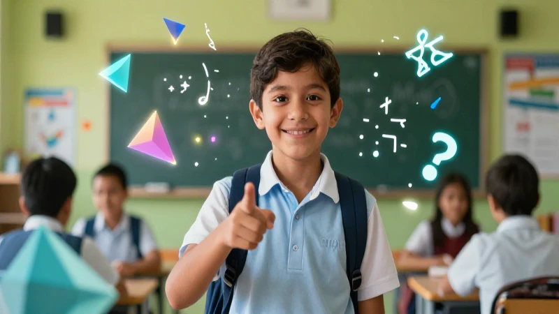 Estudiante mexicano sonriente con geometría abstracta