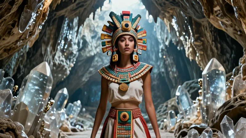 Mujer azteca en caverna de cristales con luz dramática