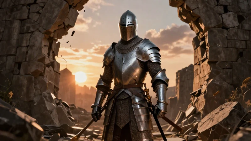 Guerrero medieval épico contra murallas dramáticas