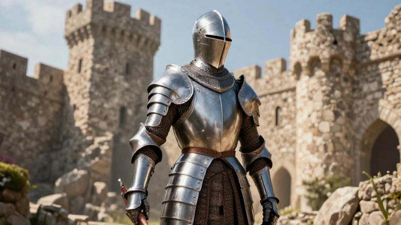Caballero templario frente a fortaleza con gran detalle