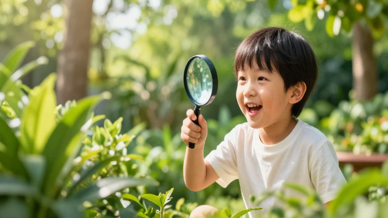 Las etapas del desarrollo humano: Guía sobre el ser humano 5 Niño feliz explora jardín con lupa