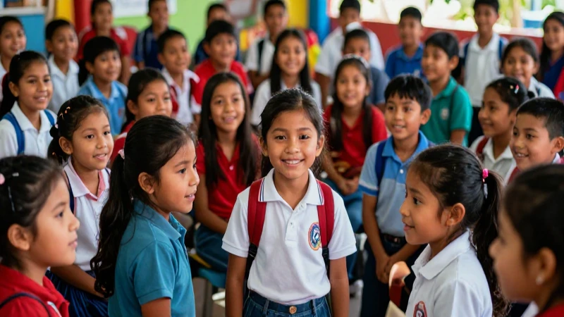 Niños mexicanos felices en vibrante y optimista reunión escolar
