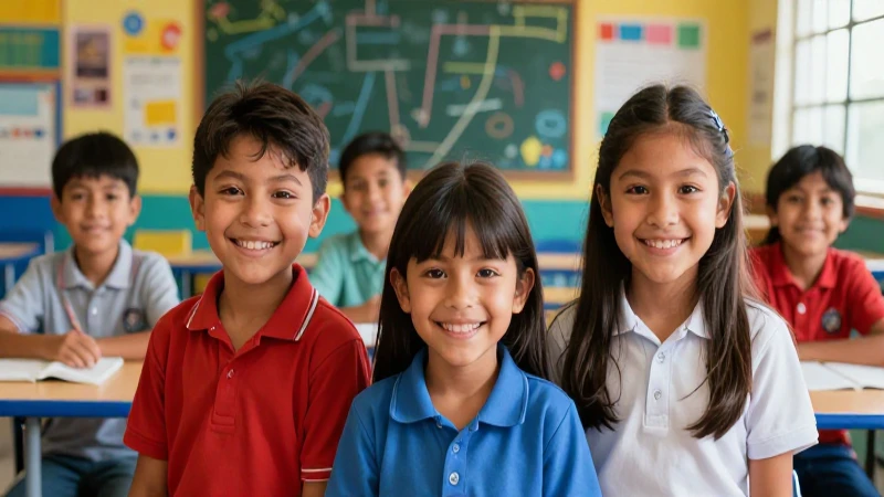 Niños mexicanos sonríen en un ambiente escolar vibrante