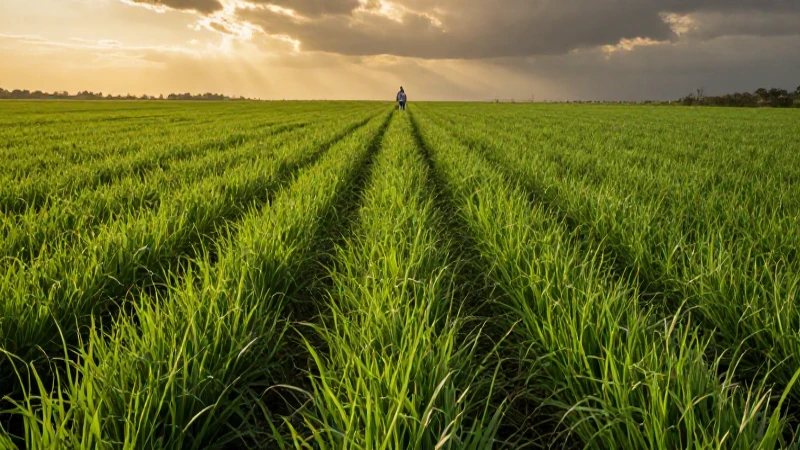 Campesino solitario en vastos campos verdes al atardecer