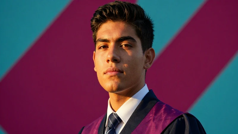 Retrato de estudiante latino carismático con fondo abstracto