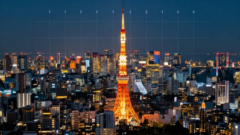 Paisaje de Tokio detallado con rejilla luminosa