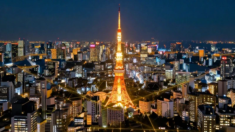 Tokio moderno con cuadrícula dorada y luces