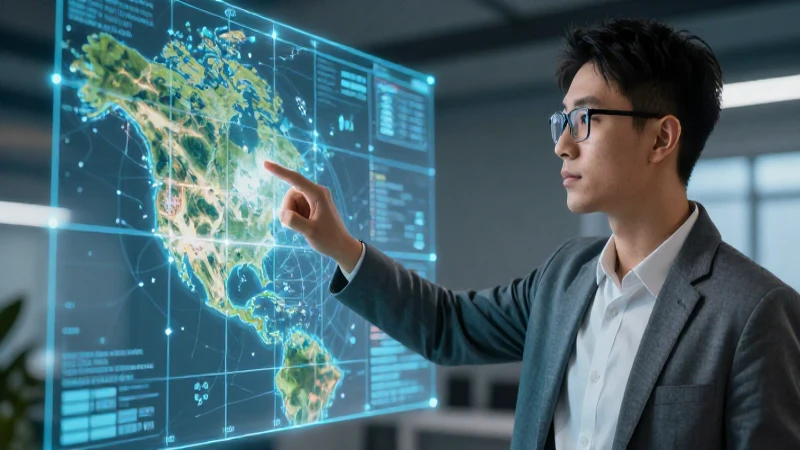 Educador señala mapa holográfico con precisión y detalle