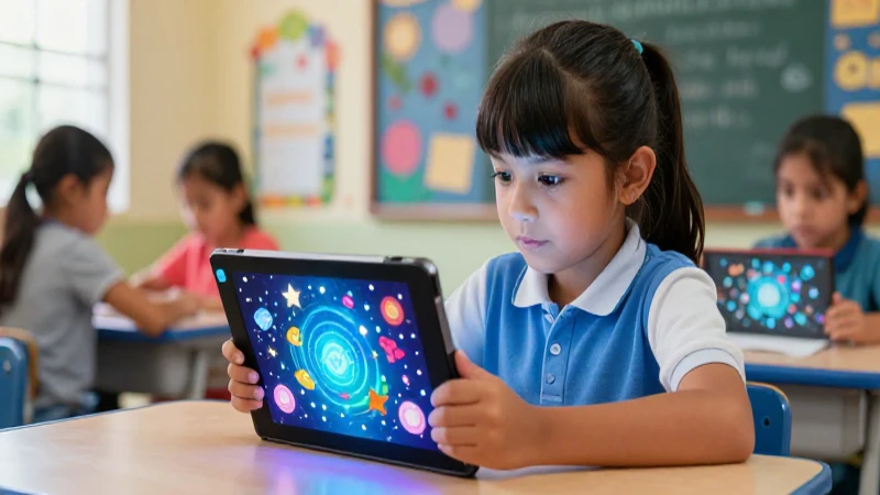 Niño curioso usa tablet educativa moderna