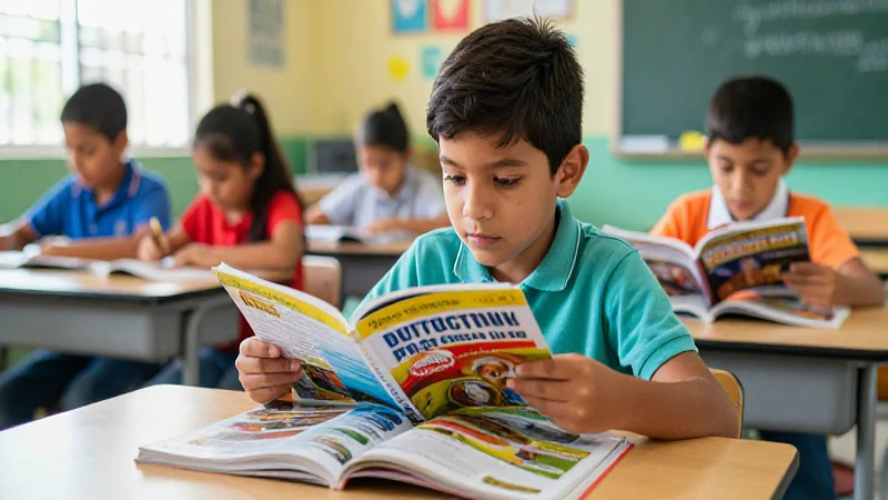 Estudiante mexicano leyendo con energía en su aula moderna