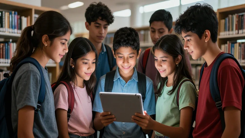 Lectura para adolescentes: Una odisea virtual en un club 5 Jóvenes mexicanos iluminados por tabletas en biblioteca moderna