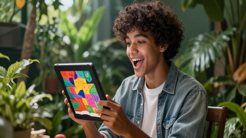 Descarga lecturas PDF para 1º de secundaria y mejora tu aprendizaje 3 Estudiante feliz con tablet en entorno vibrante