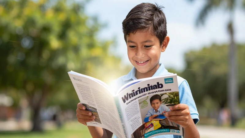 Niño mexicano feliz con libro brillante