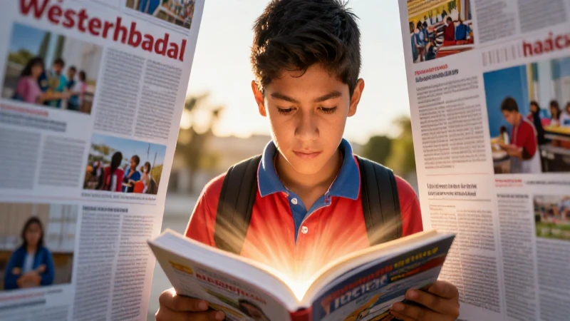 Joven estudiante lee libro brillante con foco