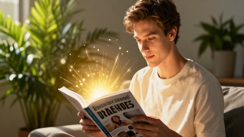 Joven leyendo, luz dorada y ambiente vibrante