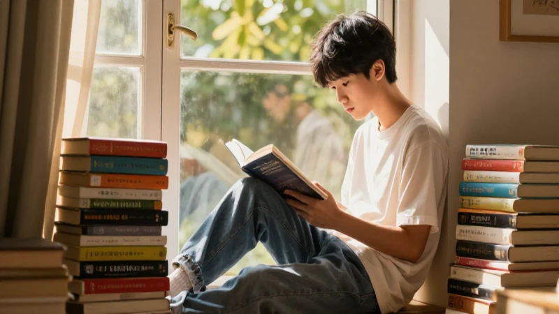 Estudiante leyendo en rincón luminoso de revista